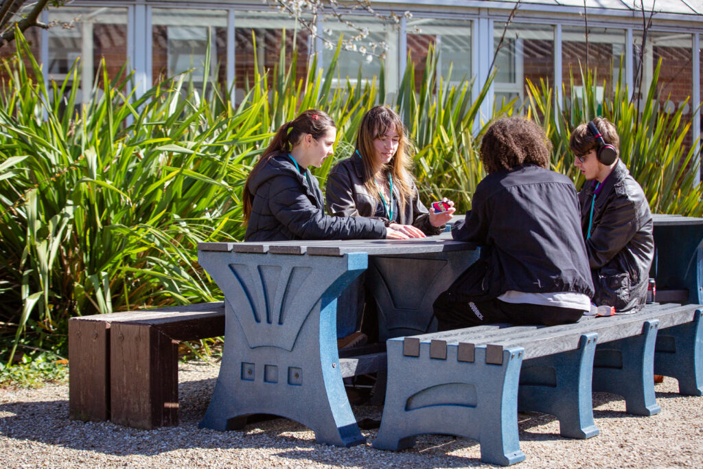 students outside in stratford centre